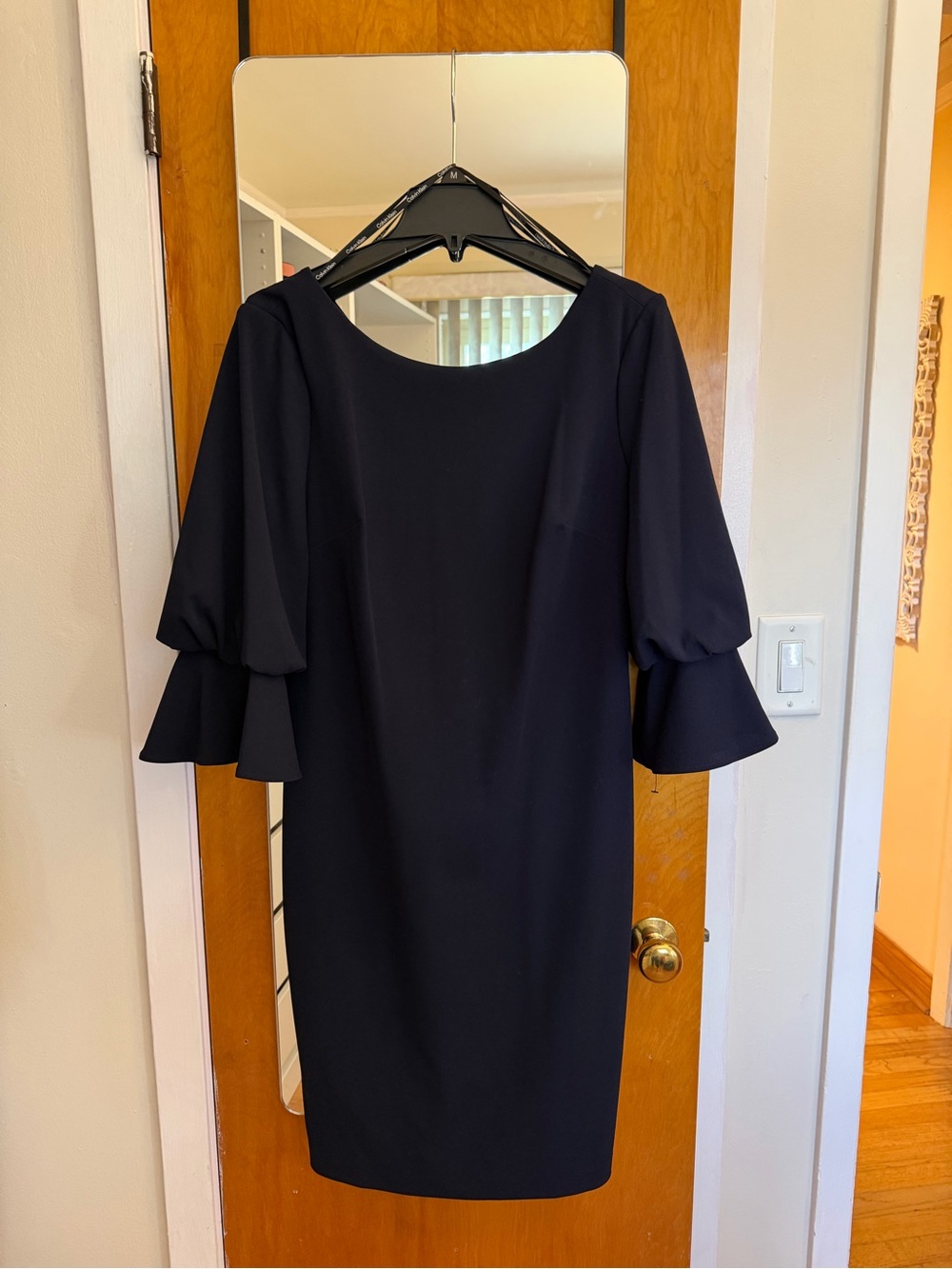 Calvin Klein Navy Blue Midi Dress with Tiered Bell Sleeves